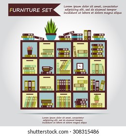 Illustration of office furniture, interior. Case, box with books, folders, plant, clock, web icon, vector.