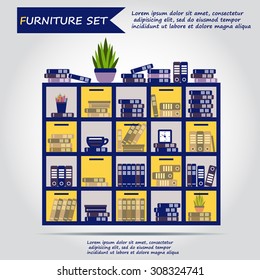 Illustration of office furniture, interior. Case, box with books, folders, plant, clock, web icon, vector.