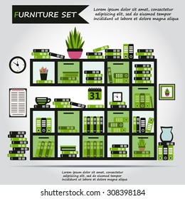 Illustration of office furniture, interior. Case, box with books, folders, plant, clock, web icon, vector.