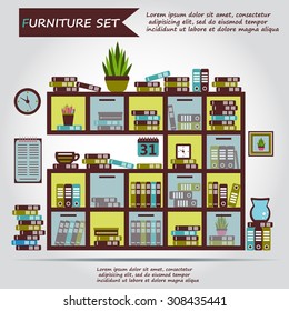 Illustration of office furniture, interior. Case, box with books, folders, plant, clock, web icon, vector.