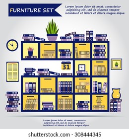 Illustration of office furniture, interior. Case, box with books, folders, plant, clock, web icon, vector.