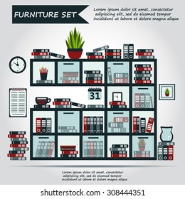 Illustration of office furniture, interior. Case, box with books, folders, plant, clock, web icon, vector.