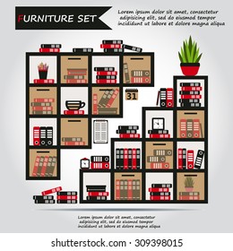 Illustration of office furniture, interior. Case, box with books, folders, plant, clock, calendar, schedule, web icon, vector.