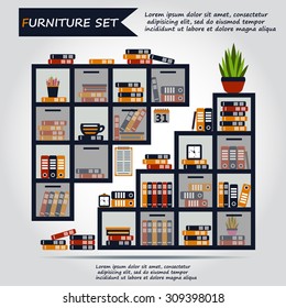 Illustration of office furniture, interior. Case, box with books, folders, plant, clock, calendar, schedule, web icon, vector.