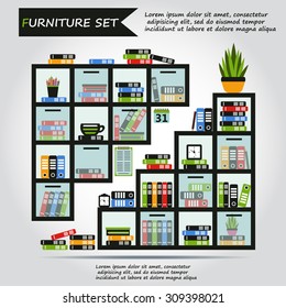 Illustration of office furniture, interior. Case, box with books, folders, plant, clock, calendar, schedule, web icon, vector.