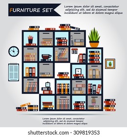 Illustration of office furniture, interior. Case, box with books, folders, plant, clock, calendar, schedule, web icon, vector.