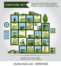 Illustration of office furniture, interior. Case, box with books, folders, plant, clock, calendar, schedule, web icon, vector.