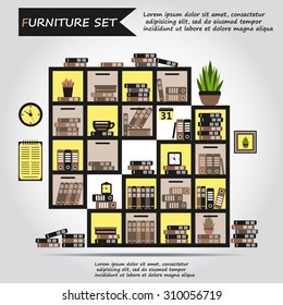 Illustration of office furniture, interior. Case, box with books, folders, plant, clock, calendar, schedule, web icon, vector.