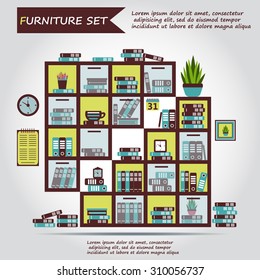 Illustration of office furniture, interior. Case, box with books, folders, plant, clock, calendar, schedule, web icon, vector.