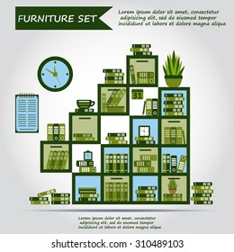 Illustration of office furniture, interior. Case, box with books, folders, plant, clock, calendar, schedule, web icon, vector.