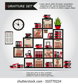 Illustration of office furniture, interior. Case, box with books, folders, plant, clock, calendar, schedule, web icon, vector.