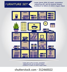 Illustration of office furniture, interior. Case, box with books, folders, plant, clock, calendar, schedule, web icon, vector.