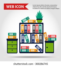 Illustration of office furniture set. Case, box with folders and plant, web icon, vector.