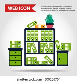 Illustration of office furniture set. Case, box with folders and plant, web icon, vector.