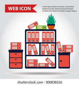 Illustration of office furniture set. Case, box with folders and plant, web icon, vector.
