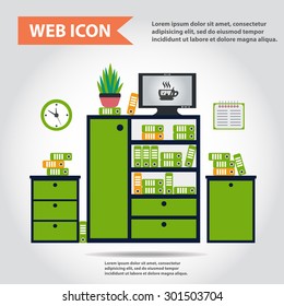 Illustration of office furniture set, interior. Case, box with folders, television,  clock, copy-book and plant, web icon, vector.