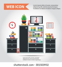 Illustration of office furniture set, interior. Case, box with folders, television,  clock, copy-book and plant, web icon, vector.