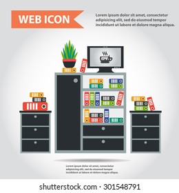 Illustration of office furniture set, interior. Case, box with folders, television and plant, web icon, vector.