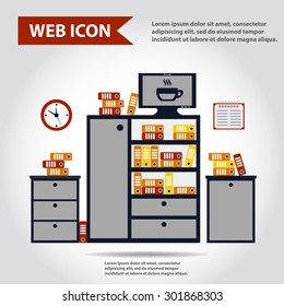 Illustration of office furniture set, interior. Case, box with folders and television with cup, web icon, vector.