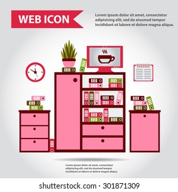Illustration of office furniture set, interior. Case, box with folders, plant and television with cup, web icon, vector.