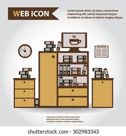 Illustration of office furniture set, interior. Case, box with folders, television, clock, and cup, web icon, vector.