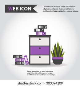 Illustration of office furniture set, interior. Case, box with folders and plant on floor, web icon, vector.
