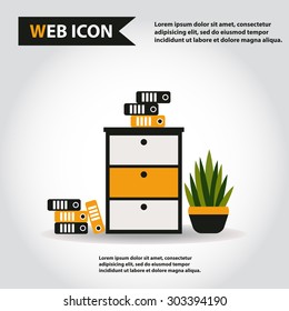 Illustration of office furniture set, interior. Case, box with folders and plant on floor, web icon, vector.
