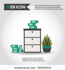 Illustration of office furniture set, interior. Case, box with folders and plant on floor, web icon, vector.