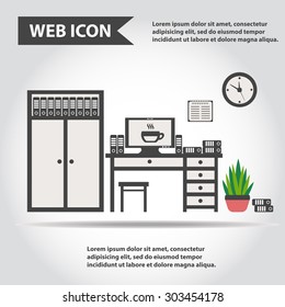 Illustration of office furniture set, interior. Table, desk, case, box with folders, computer and plant, web icon, vector.