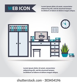 Illustration of office furniture set, interior. Table, desk, case, box with folders, computer and plant, web icon, vector.
