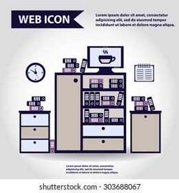 Illustration of office furniture set, interior. Case, box with folders, television, clock and cup, web icon, vector.