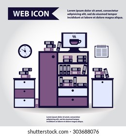 Illustration of office furniture set, interior. Case, box with folders, television, clock and cup, web icon, vector.