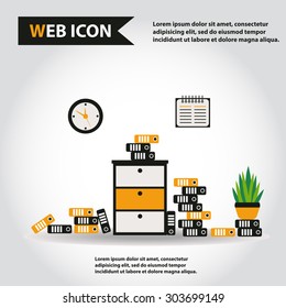 Illustration of office furniture set, interior. Case, box with folders and plant on floor, web icon, vector. Clock, calendar on a wall.