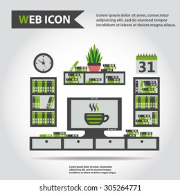 Illustration of office furniture set, interior. Case, box with books, television and plant, web icon, vector.