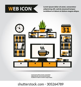Illustration of office furniture set, interior. Case, box with books, television and plant, web icon, vector.