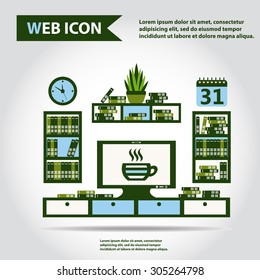 Illustration of office furniture set, interior. Case, box with books, television and plant, web icon, vector.
