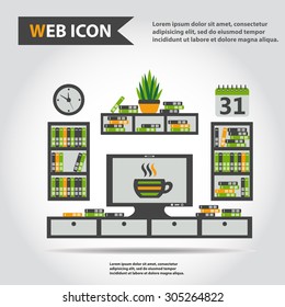 Illustration of office furniture set, interior. Case, box with books, television and plant, web icon, vector.