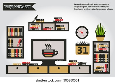 Illustration of office furniture set, interior. Case, box with books, television and plant, web icon, vector.