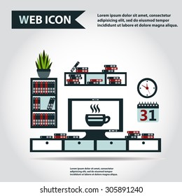 Illustration of office furniture set, interior. Case, box with books, television and plant, web icon, vector.