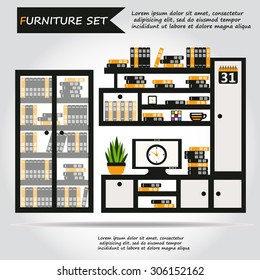 Illustration of office furniture set, interior. Case, box with books, television and plant, web icon, vector.