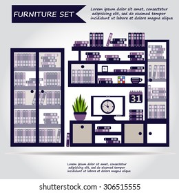 Illustration of office furniture set, interior. Case, box with books, television and plant, web icon, vector.
