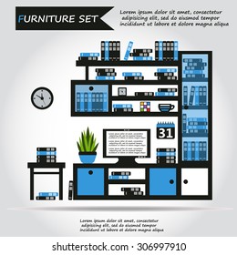 Illustration of office furniture set, interior. Case, box with books, television and plant, web icon, vector.