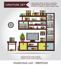 Illustration of office furniture set, interior. Case, box with books, television and plant, web icon, vector.