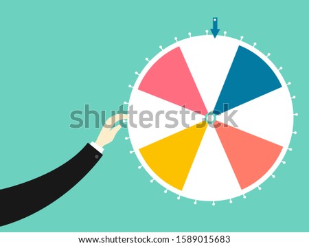 Illustration of an Office Game with a Hand Playing, Holding and Spinning a Prize Wheel Spinner with Different Colors