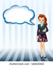 Illustration of an office girl with an empty cloud template on a white background