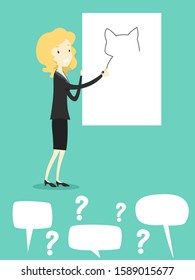 Illustration Of An Office Girl Playing A Guess What Ice Breaker Game, Drawing It On The White Board And Question Marks And Speech Bubbles From Her Team