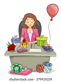Illustration of an Office Girl with Plenty of Gifts on Her Table