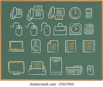 Illustration of Office icon set drawing on chalkboard.