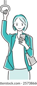 Illustration of an office lady holding onto a strap while looking at her smartphone during her commute