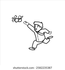 illustration of an office man chasing flying money, black and white, cartoon, business, meaning, good for your visual elements, vector format